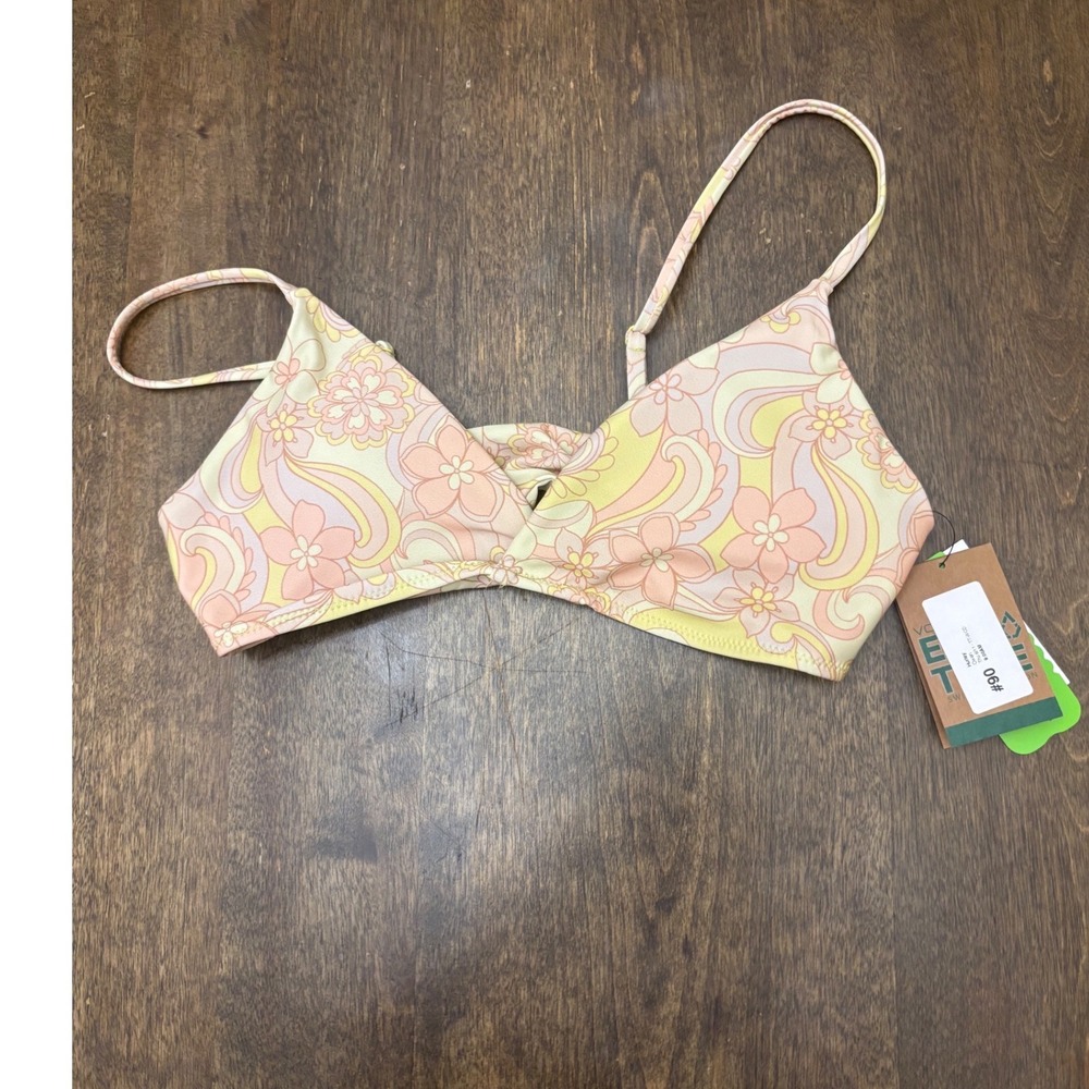 Volcom Nice Trip V-Neck Bikini Top Retro Floral Paisley Yellow Pink O1022308